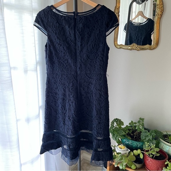 Adrianna‎ Papell Navy Blue Lacey Midi Dress - Cap Sleeves, Boat Neck, Flared Hem - Picture 6 of 12